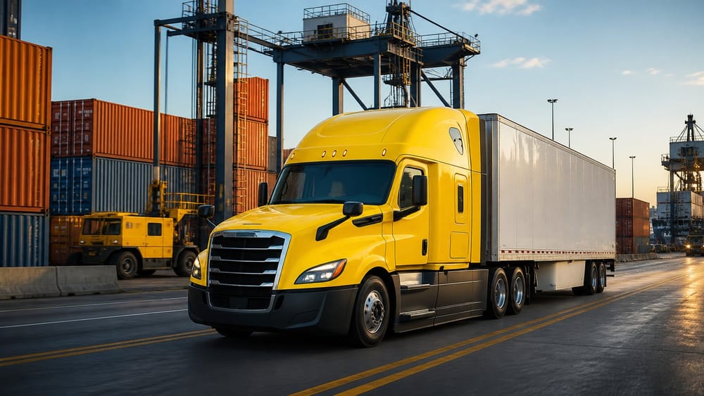 Yellow freight truck at an industrial port during golden hour