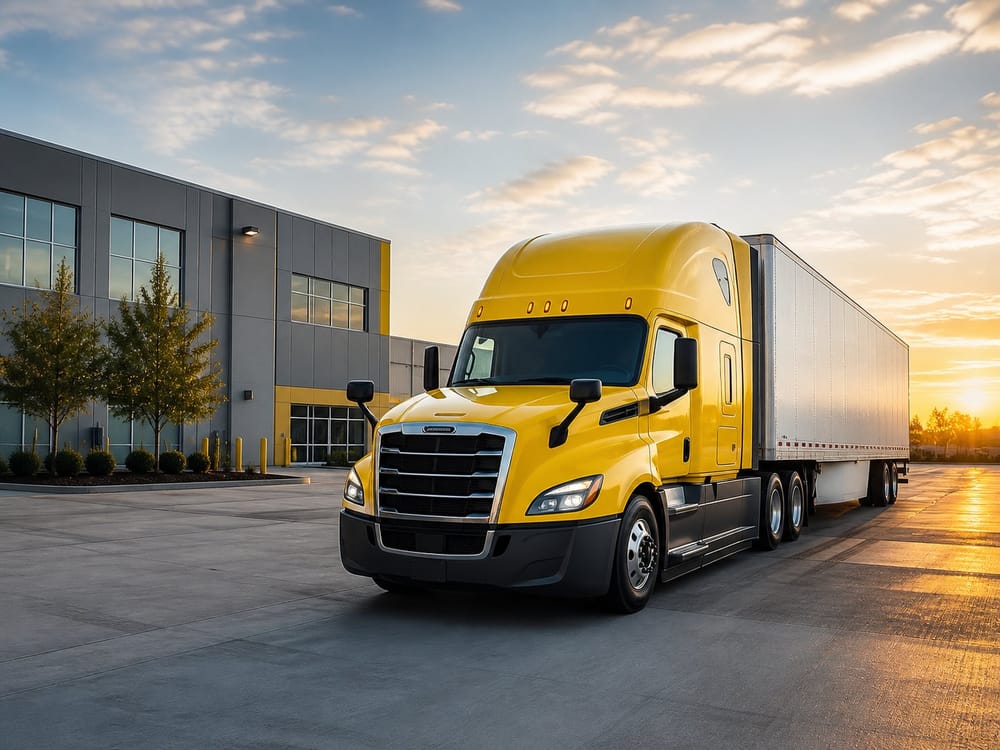 Yellow semi truck at a clean logistics facility during golden hour