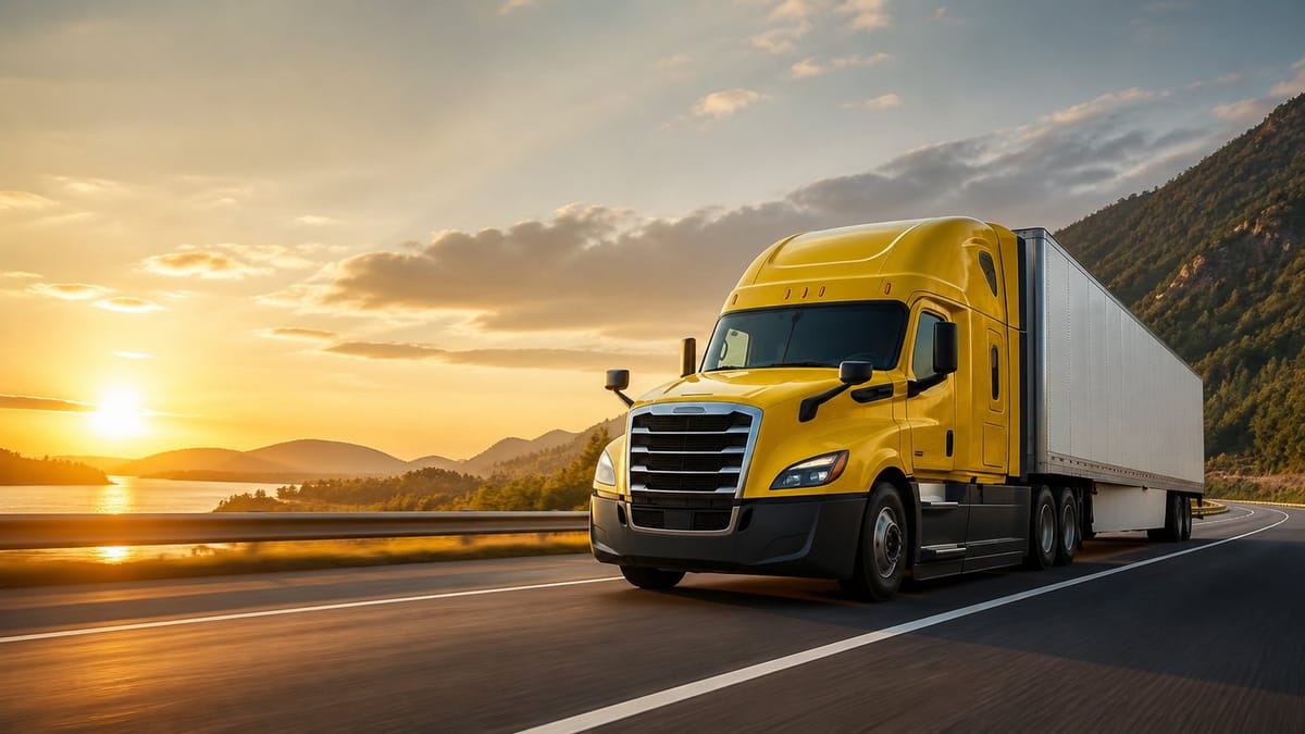 Yellow semi truck driving on the highway