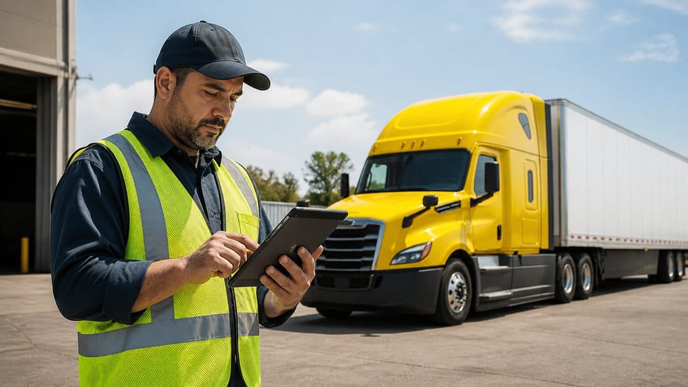 Logistics worker inspecting details on a mobile device